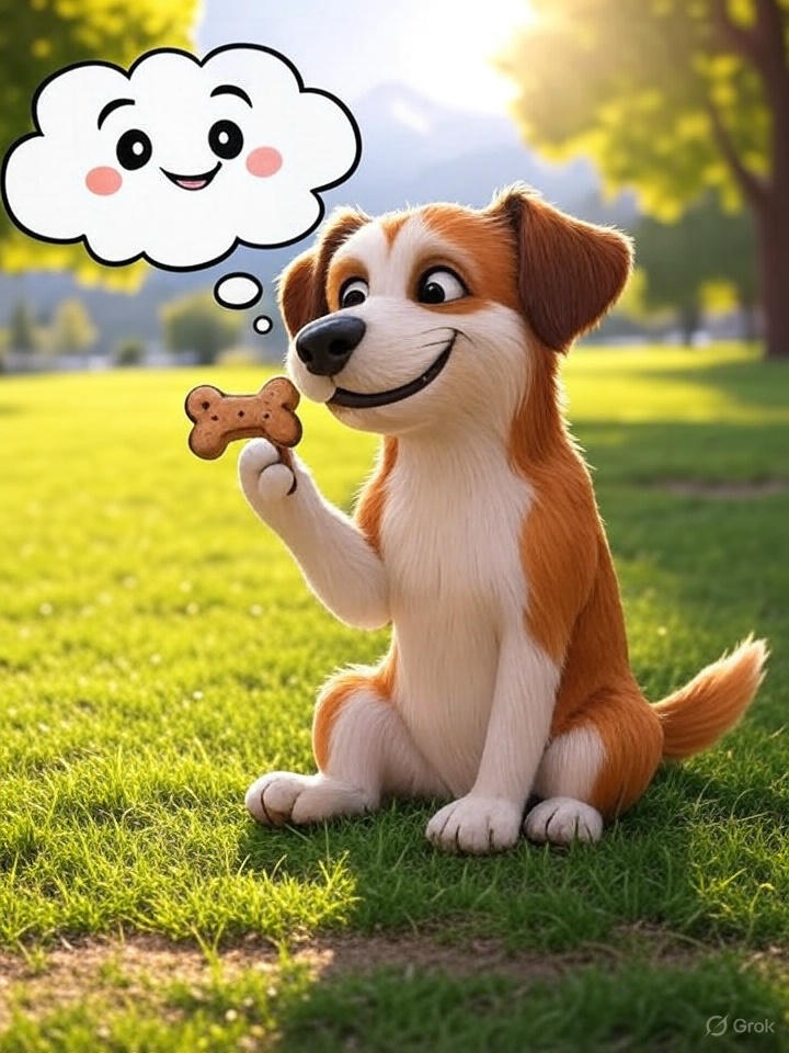 Cartoon of a dog sitting with a treat